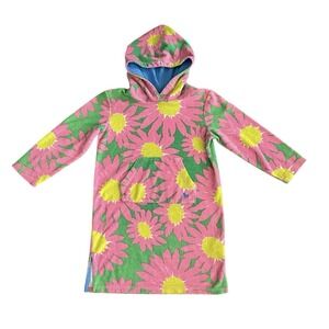 Mini Boden Hooded Terry Cloth Swim Cover Up Girls 7-8 Green Pink Floral Beach